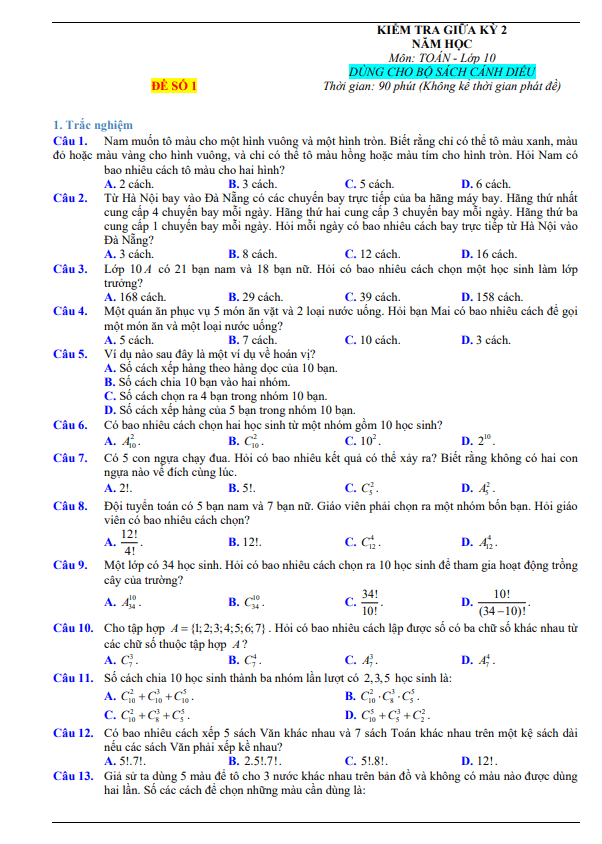 10 đề kiểm tra giữa học kỳ 2 Toán 10 Cánh Diều có đáp án và lời giải