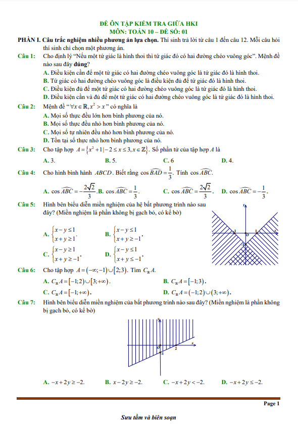 10 đề ôn tập giữa học kì 1 Toán 10 KNTTVCS cấu trúc trắc nghiệm mới