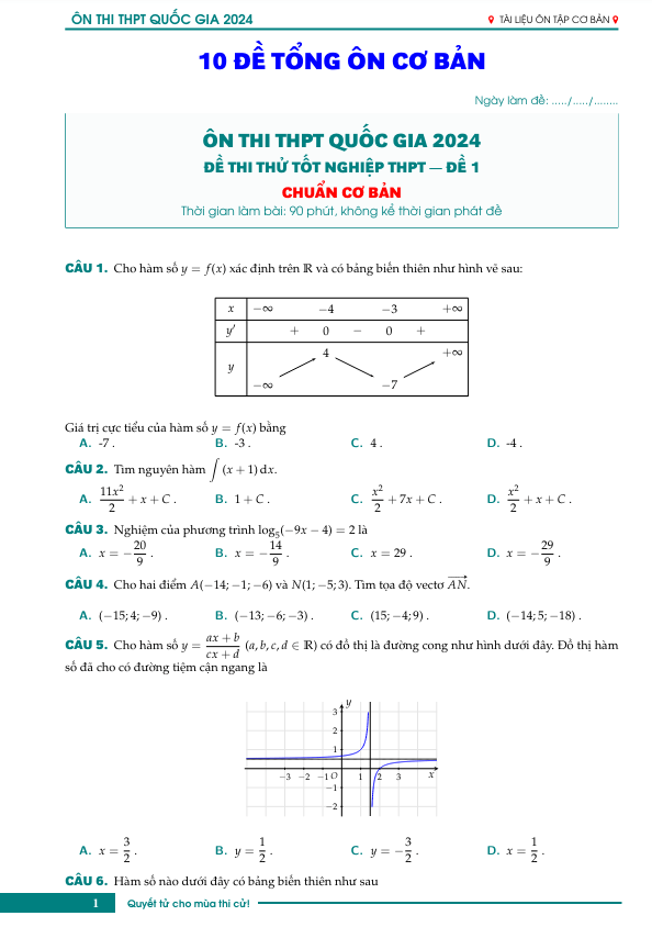 10 đề tổng ôn cơ bản thi tốt nghiệp THPT năm 2024 môn Toán