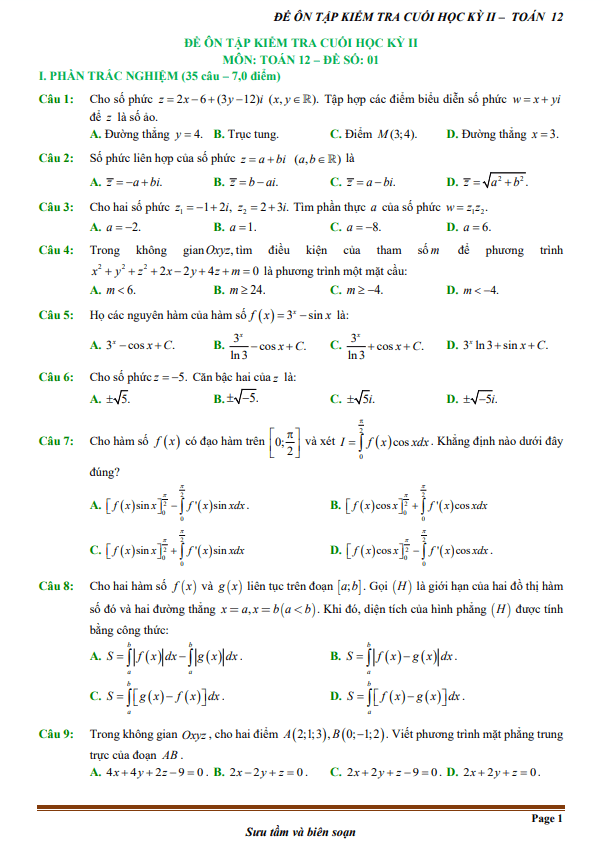14 đề ôn tập kiểm tra cuối học kỳ 2 môn Toán 12 (70% TN + 30% TL)