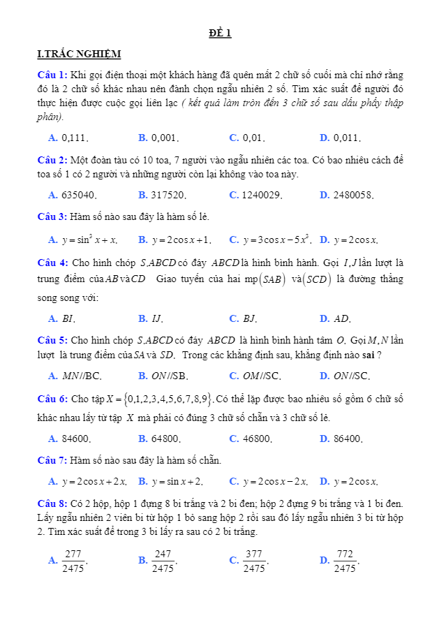20 đề trắc nghiệm – tự luận ôn tập thi học kỳ 1 Toán 11 có đáp án