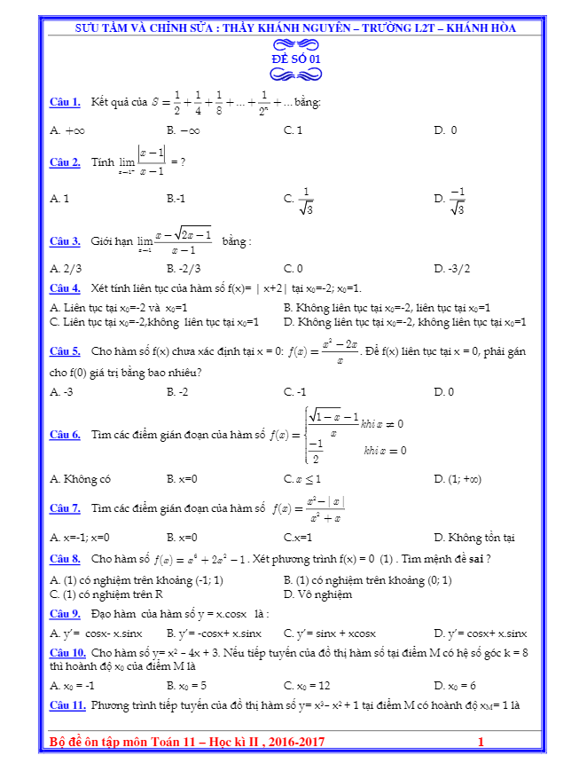 5 đề ôn tập thi học kỳ 2 môn Toán 11 – Nguyễn Khánh Nguyên