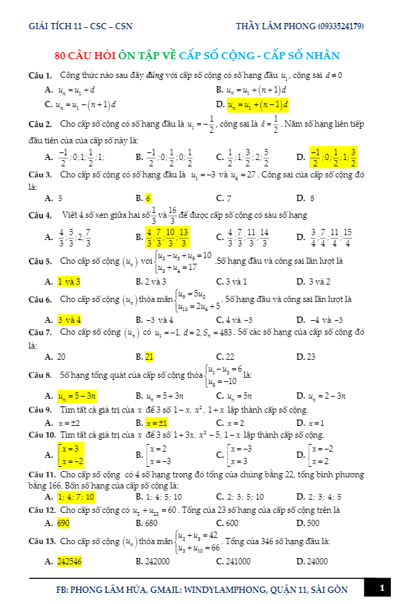 80 câu trắc nghiệm cấp số cộng, cấp số nhân – Hứa Lâm Phong