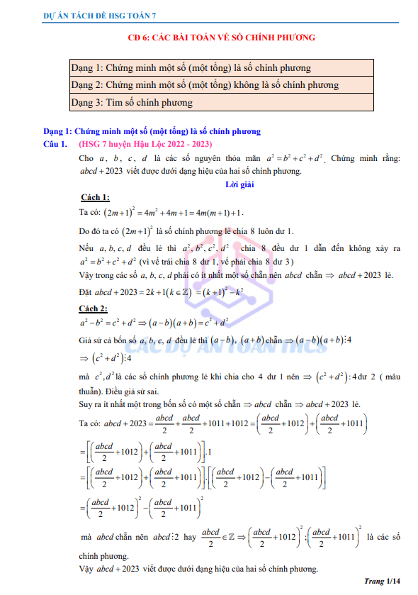 Bài toán số chính phương trong các đề thi học sinh giỏi Toán 7