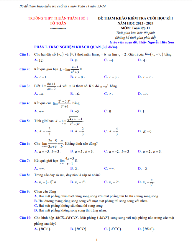 Bộ đề tham khảo cuối kì 1 Toán 11 năm 2023 – 2024 trường Thuận Thành 1 – Bắc Ninh