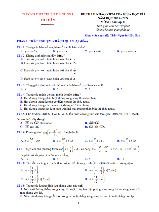 Bộ đề tham khảo giữa kì 1 Toán 11 năm 2023 – 2024 trường Thuận Thành 1 – Bắc Ninh