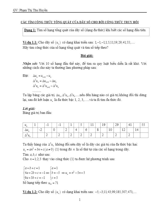 Cách tìm công thức tổng quát của dãy số cho bởi công thức truy hồi – Phạm Thị Thu Huyền