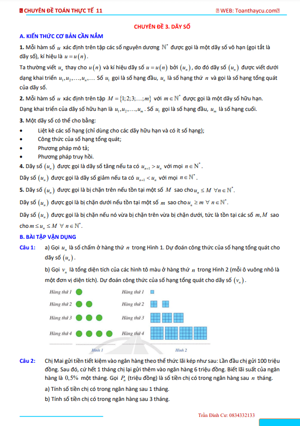 Chuyên đề toán thực tế dãy số, cấp số cộng và cấp số nhân Toán 11