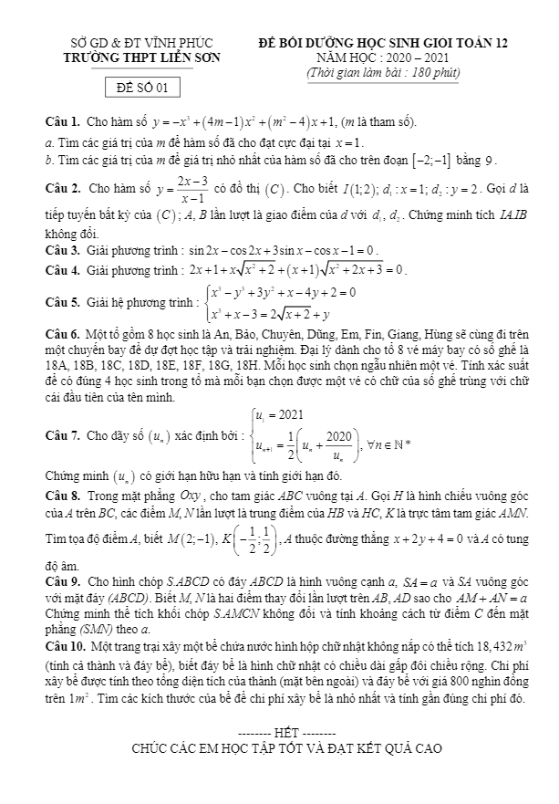 Đề bồi dưỡng HSG Toán 12 năm 2020 – 2021 trường THPT Liễn Sơn – Vĩnh Phúc