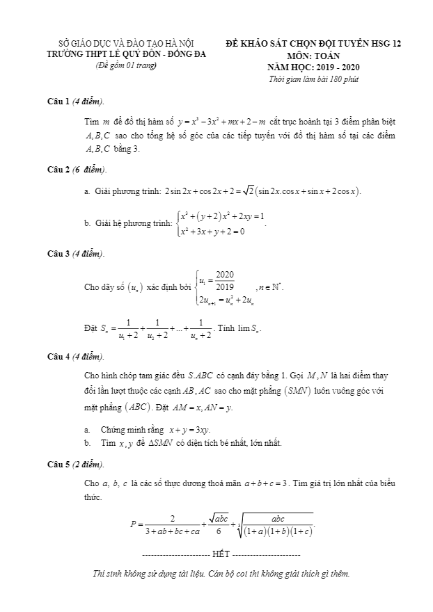 Đề chọn đội tuyển HSG Toán 12 năm 2019 – 2020 trường Lê Quý Đôn – Hà Nội