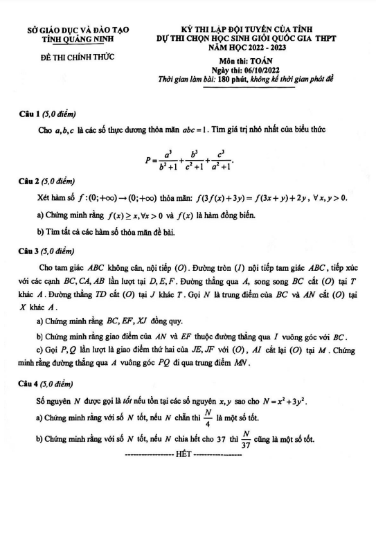 Đề chọn đội tuyển thi HSG QG môn Toán năm 2022 – 2023 sở GD&ĐT Quảng Ninh