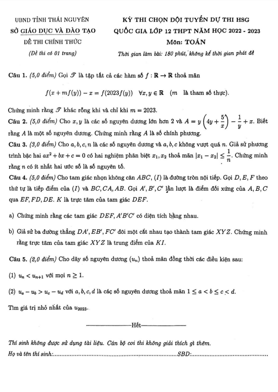 Đề chọn đội tuyển thi HSG QG môn Toán năm 2022 – 2023 sở GD&ĐT Thái Nguyên