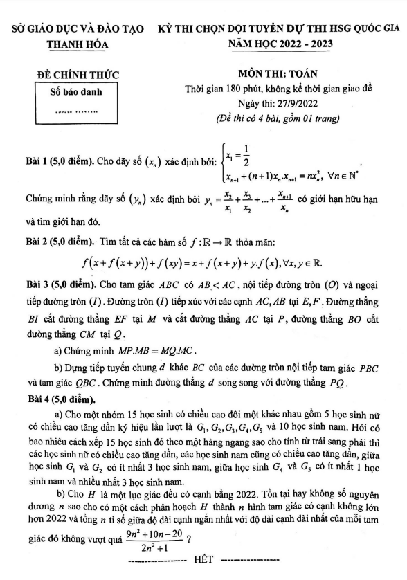 Đề chọn đội tuyển thi HSG QG môn Toán năm 2022 – 2023 sở GD&ĐT Thanh Hóa