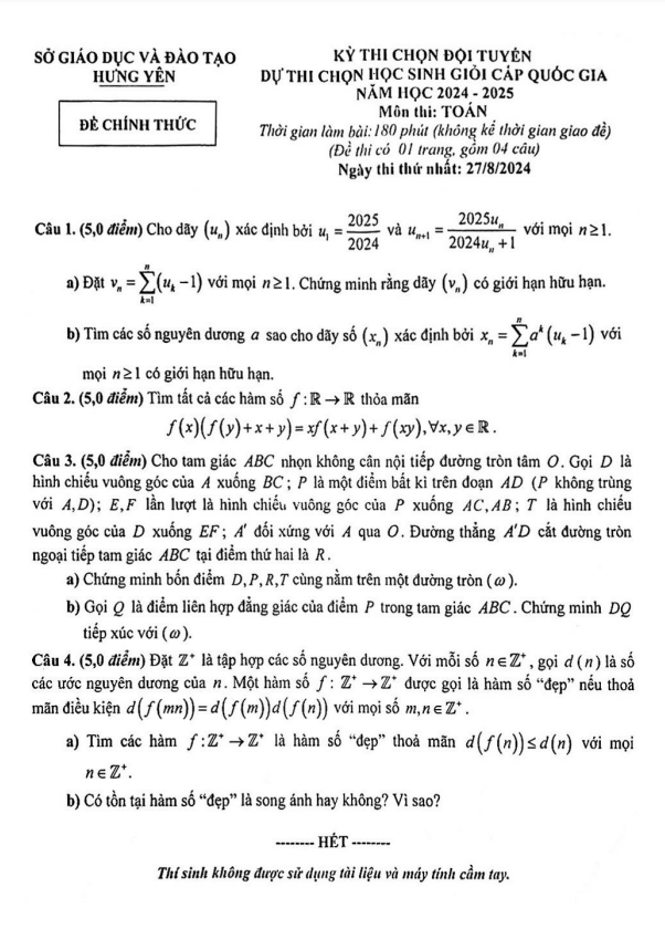 Đề chọn đội tuyển thi HSG QG môn Toán THPT năm 2024 – 2025 sở GD&ĐT Hưng Yên