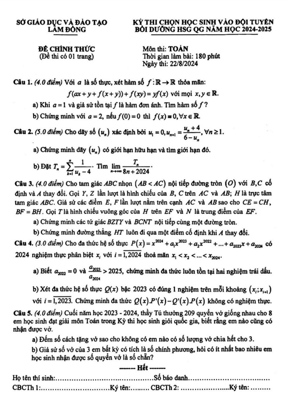 Đề chọn đội tuyển thi HSG QG môn Toán THPT năm 2024 – 2025 sở GD&ĐT Lâm Đồng