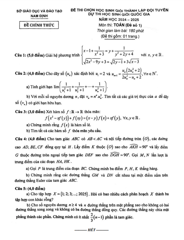 Đề chọn đội tuyển thi HSG QG môn Toán THPT năm 2024 – 2025 sở GD&ĐT Nam Định