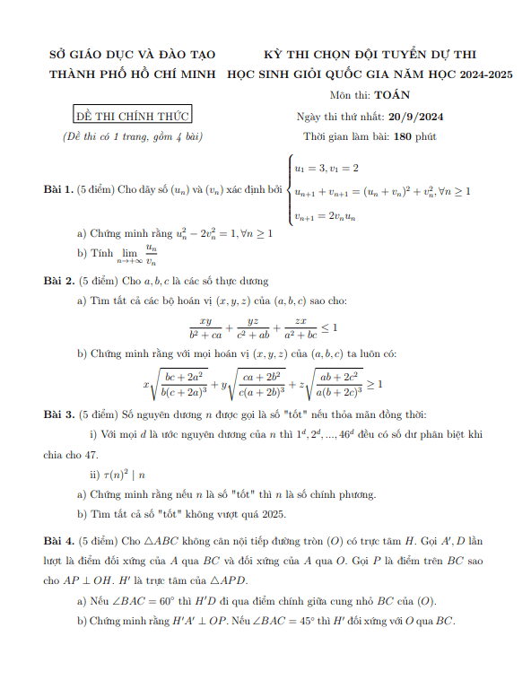 Đề chọn đội tuyển thi HSG QG môn Toán THPT năm 2024 – 2025 sở GD&ĐT TP HCM