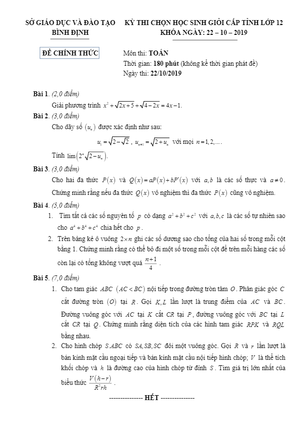 Đề chọn học sinh giỏi tỉnh Toán 12 năm 2019 – 2020 sở GD&ĐT Bình Định