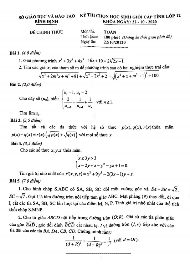 Đề chọn học sinh giỏi tỉnh Toán 12 năm 2020 – 2021 sở GD&ĐT Bình Định