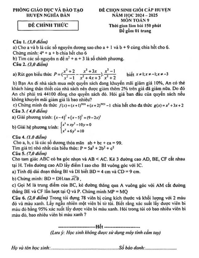 Đề chọn học sinh giỏi Toán 9 năm 2024 – 2025 phòng GD&ĐT Nghĩa Đàn – Nghệ An