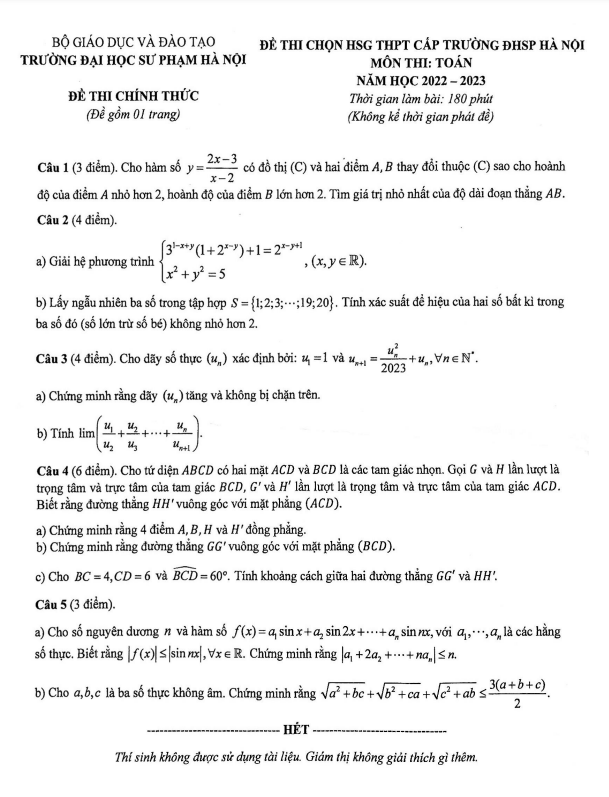 Đề chọn HSG Toán THPT năm 2022 – 2023 trường Đại học Sư Phạm Hà Nội