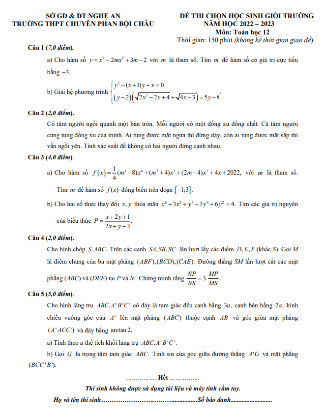 Đề chọn HSG trường Toán 12 năm 2022 – 2023 trường chuyên Phan Bội Châu – Nghệ An