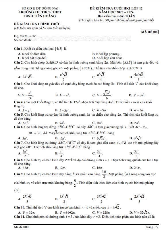 Đề cuối HK1 Toán 12 năm 2023 – 2024 trường Đinh Tiên Hoàng – Đồng Nai