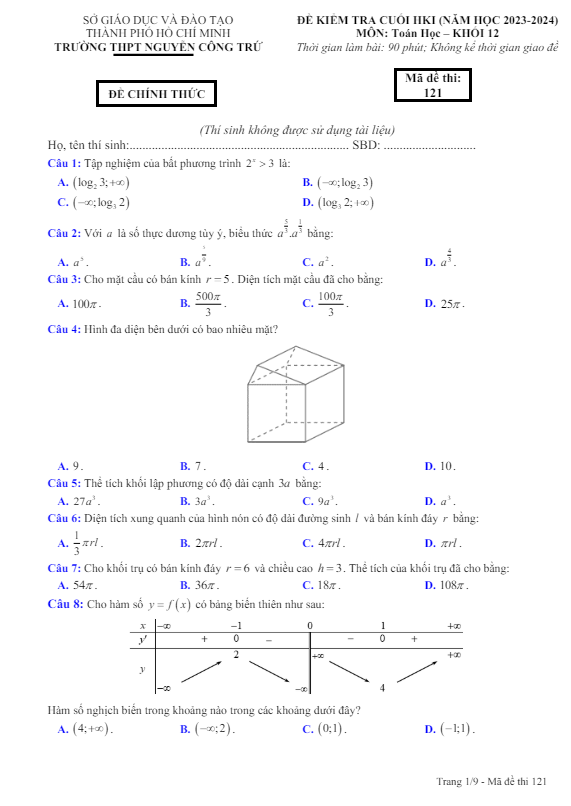 Đề cuối HK1 Toán 12 năm 2023 – 2024 trường THPT Nguyễn Công Trứ – TP HCM