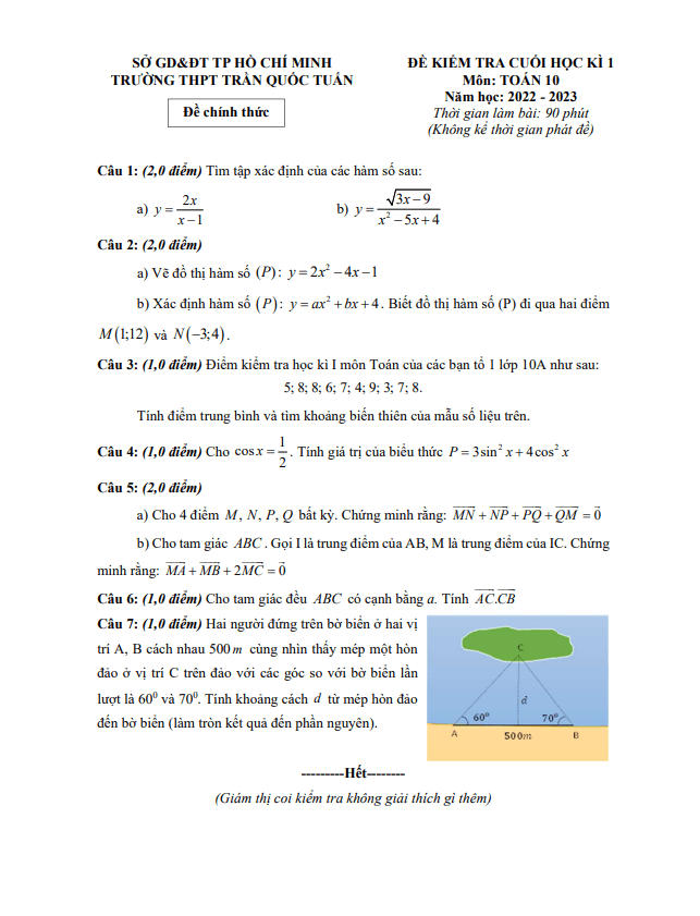 Đề cuối học kì 1 Toán 10 năm 2022 – 2023 trường THPT Trần Quốc Tuấn – TP HCM