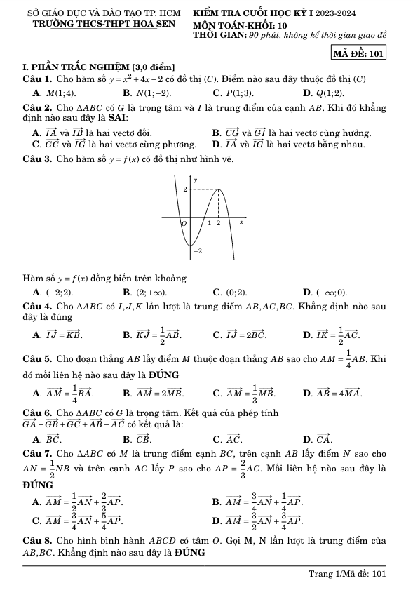 Đề cuối học kì 1 Toán 10 năm 2023 – 2024 trường THCS – THPT Hoa Sen – TP HCM