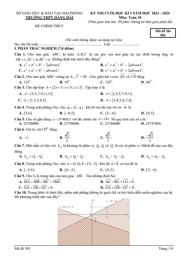 Đề cuối học kì 1 Toán 10 năm 2023 – 2024 trường THPT Hàng Hải – Hải Phòng