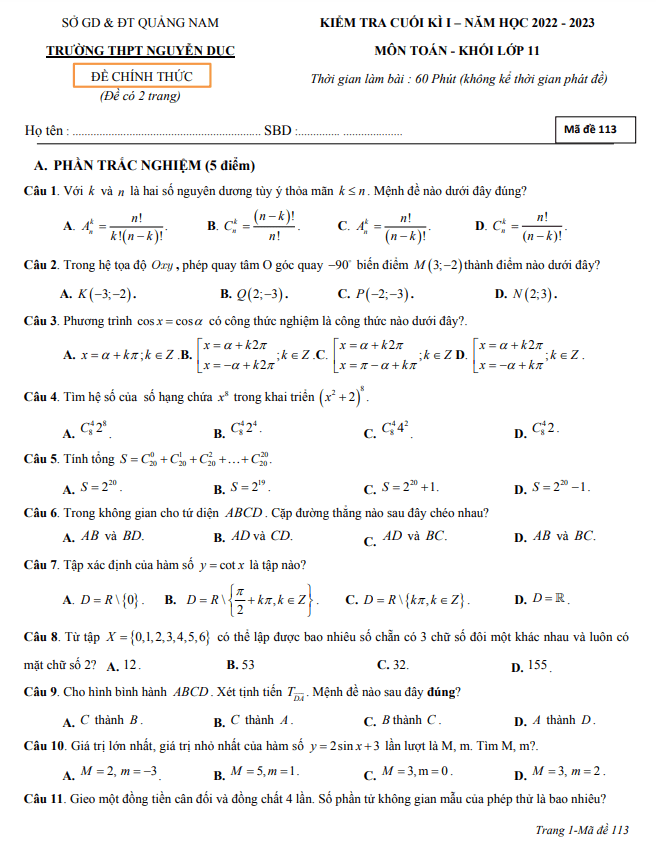 Đề cuối học kì 1 Toán 11 năm 2022 – 2023 trường THPT Nguyễn Dục – Quảng Nam