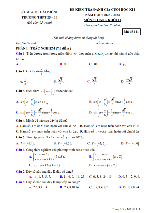Đề cuối học kì 1 Toán 11 năm 2023 – 2024 trường THPT 25-10 – Hải Phòng