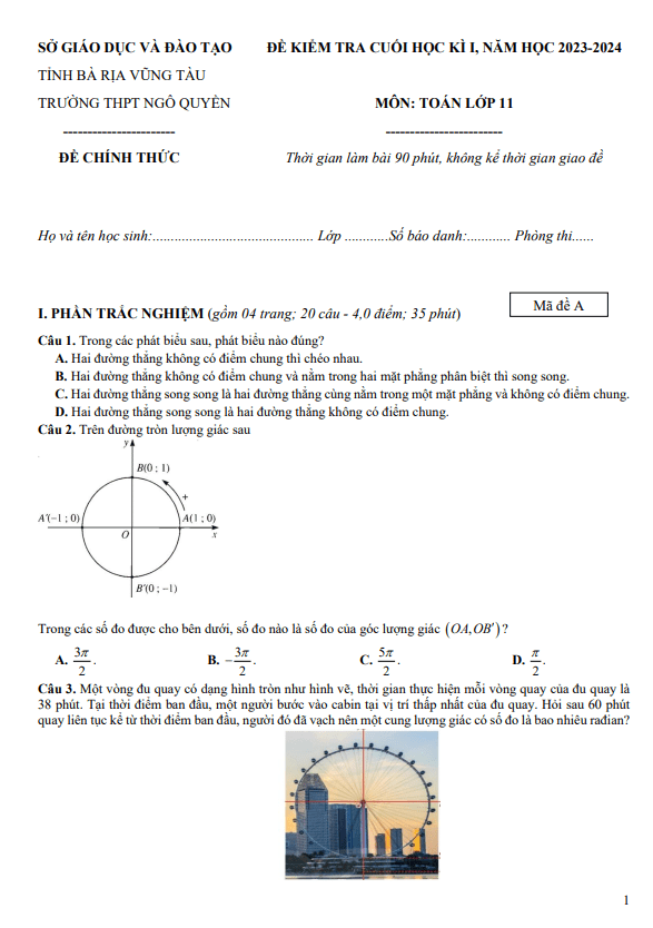 Đề cuối học kì 1 Toán 11 năm 2023 – 2024 trường THPT Ngô Quyền – BR VT