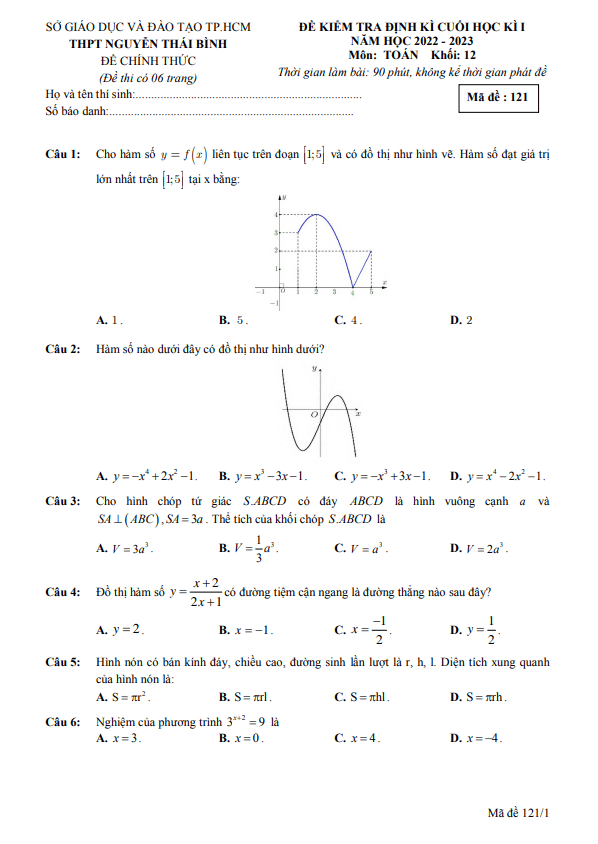 Đề cuối học kì 1 Toán 12 năm 2022 – 2023 trường THPT Nguyễn Thái Bình – TP HCM