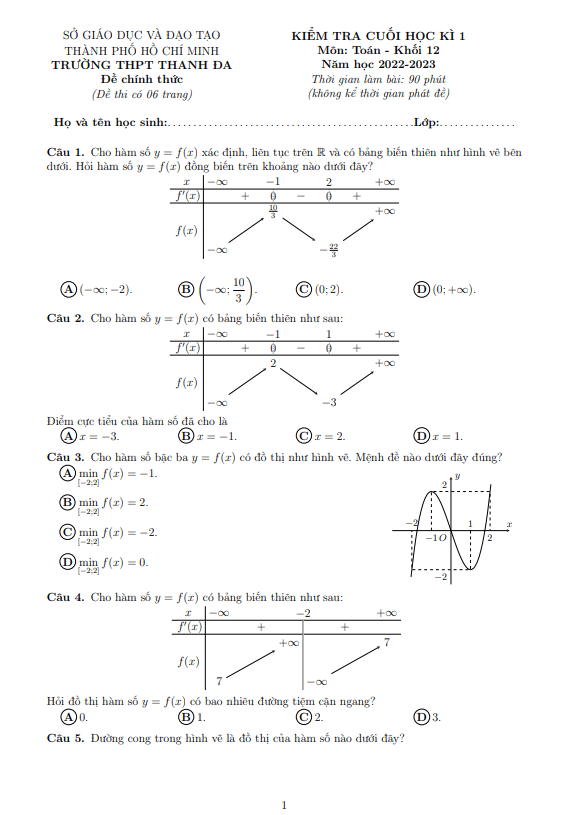 Đề cuối học kì 1 Toán 12 năm 2022 – 2023 trường THPT Thanh Đa – TP HCM