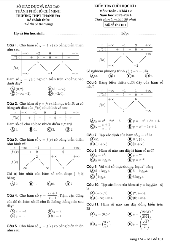 Đề cuối học kì 1 Toán 12 năm 2023 – 2024 trường THPT Thanh Đa – TP HCM