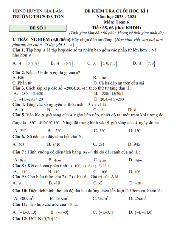 Đề cuối học kì 1 Toán 6 năm 2023 – 2024 trường THCS Đa Tốn – Hà Nội