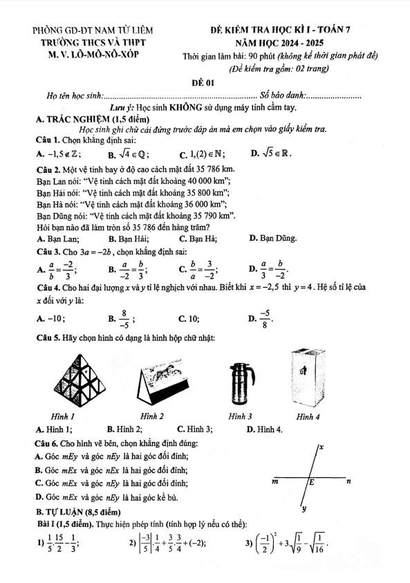 Đề cuối học kì 1 Toán 7 năm 2024 – 2025 trường M.V. Lômônôxốp – Hà Nội
