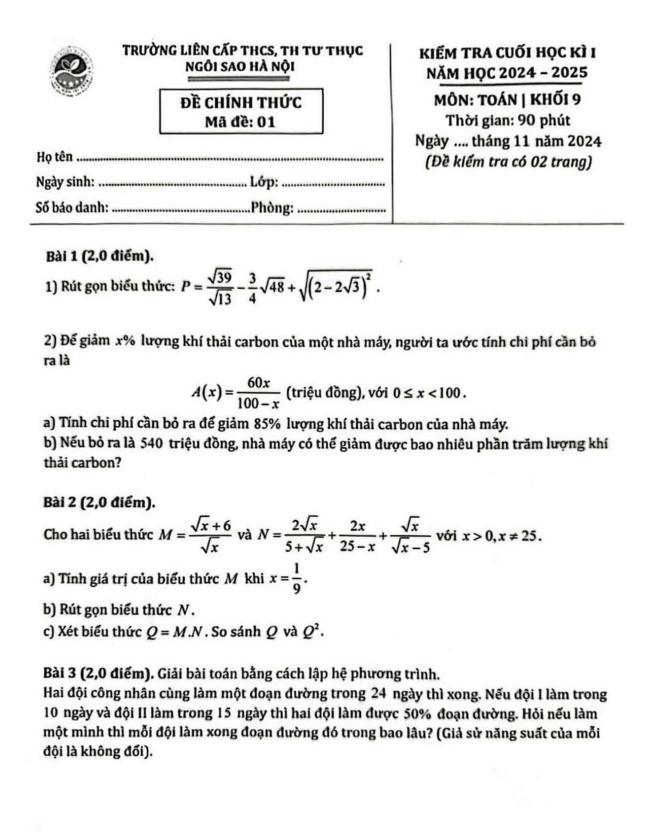 Đề cuối học kì 1 Toán 9 năm 2024 – 2025 trường TH&THCS Ngôi Sao Hà Nội