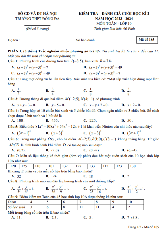 Đề cuối học kì 2 Toán 10 năm 2023 – 2024 trường THPT Đống Đa – Hà Nội
