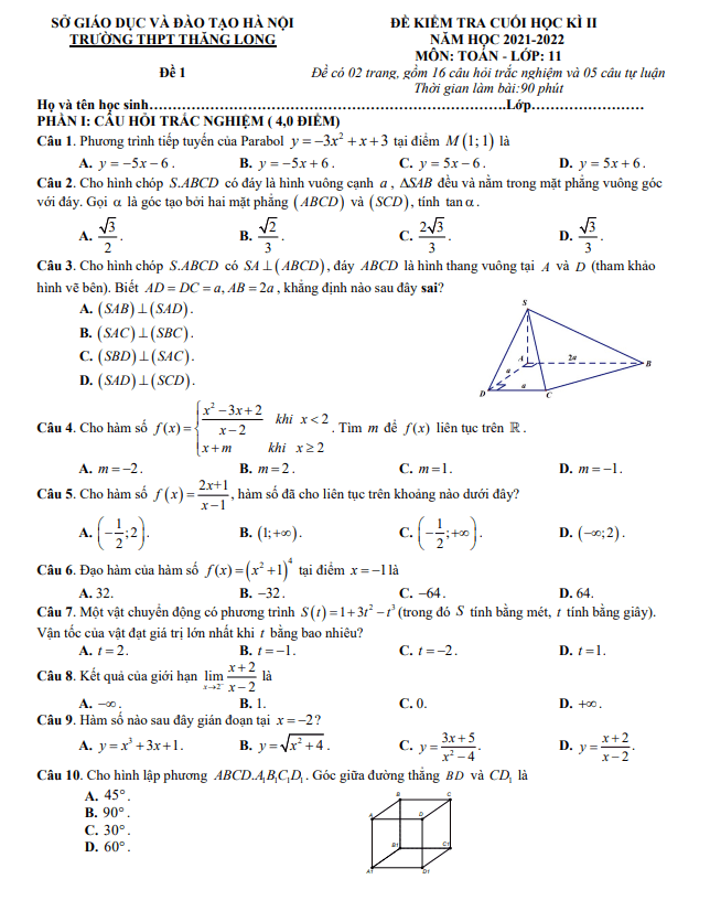 Đề cuối học kì 2 Toán 11 năm 2021 – 2022 trường THPT Thăng Long – Hà Nội