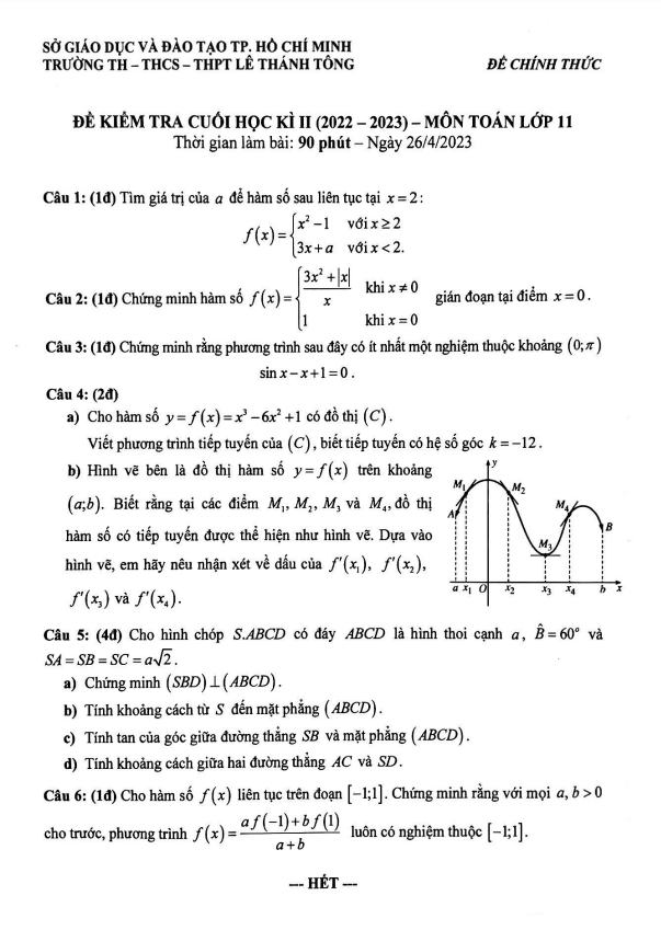 Đề cuối học kì 2 Toán 11 năm 2022 – 2023 trường Lê Thánh Tông – TP HCM