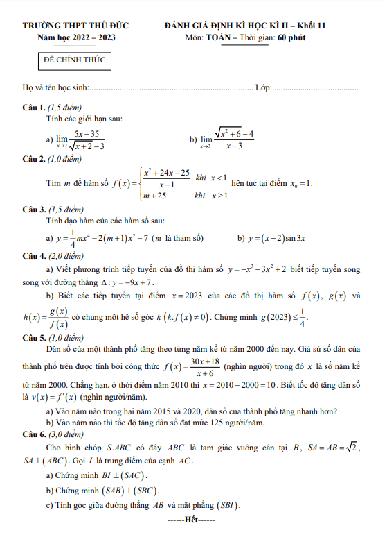 Đề cuối học kì 2 Toán 11 năm 2022 – 2023 trường THPT Thủ Đức – TP HCM