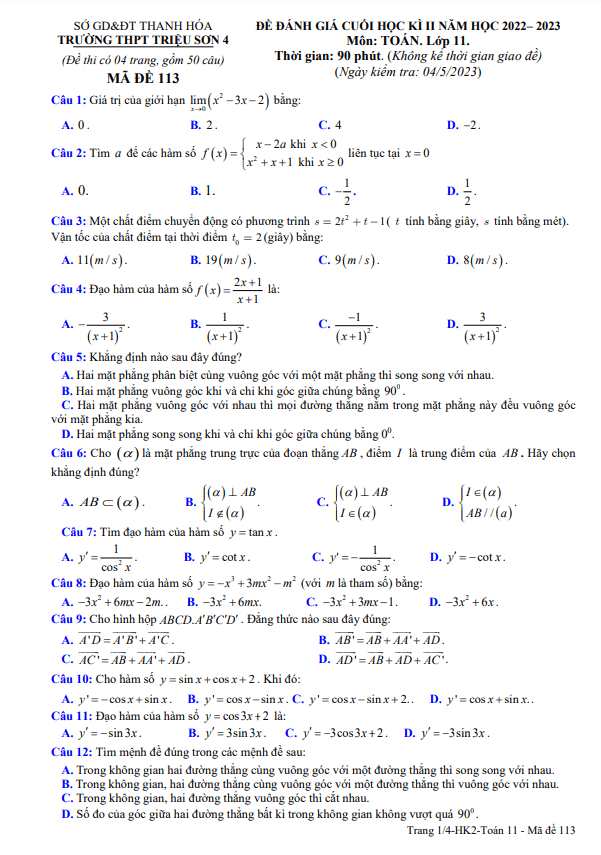 Đề cuối học kì 2 Toán 11 năm 2022 – 2023 trường THPT Triệu Sơn 4 – Thanh Hóa
