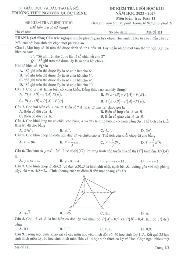 Đề cuối học kì 2 Toán 11 năm 2023 – 2024 trường THPT Nguyễn Quốc Trinh – Hà Nội