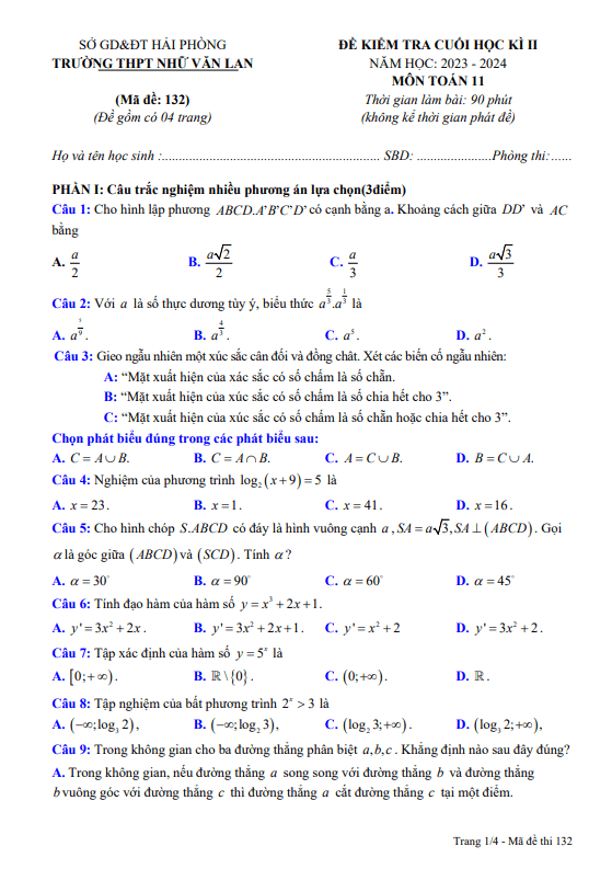Đề cuối học kì 2 Toán 11 năm 2023 – 2024 trường THPT Nhữ Văn Lan – Hải Phòng