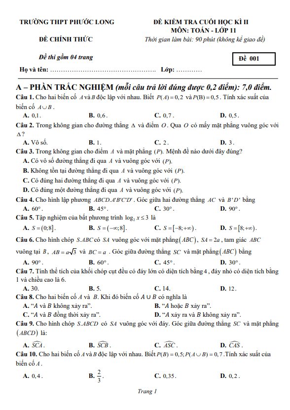 Đề cuối học kì 2 Toán 11 năm 2023 – 2024 trường THPT Phước Long – Bình Phước