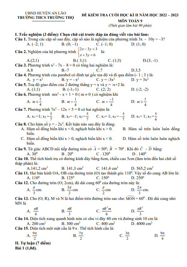 Đề cuối học kì 2 Toán 9 năm 2022 – 2023 trường THCS Trường Thọ – Hải Phòng