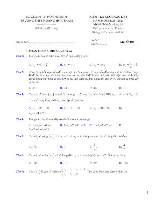 Đề cuối học kỳ 1 Toán 11 năm 2023 – 2024 trường THPT Hoàng Hoa Thám – TP HCM